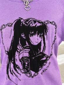 SHEIN Tween Girl Figure Pattern Raglan Sleeve Sweater