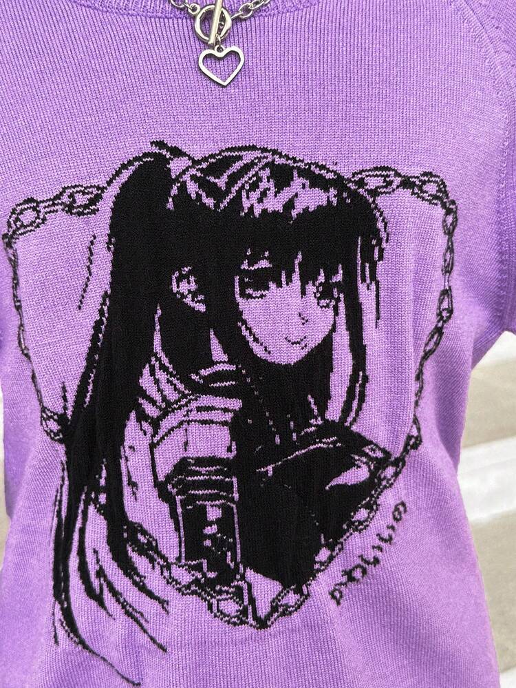 Tween Girl Figure Pattern Raglan Sleeve Sweater