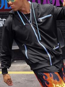 Manfinity Roghcode Chaqueta Para Hombre Con Capucha Y Cordón, De Ajuste Holgado Con Cierre De Cremallera