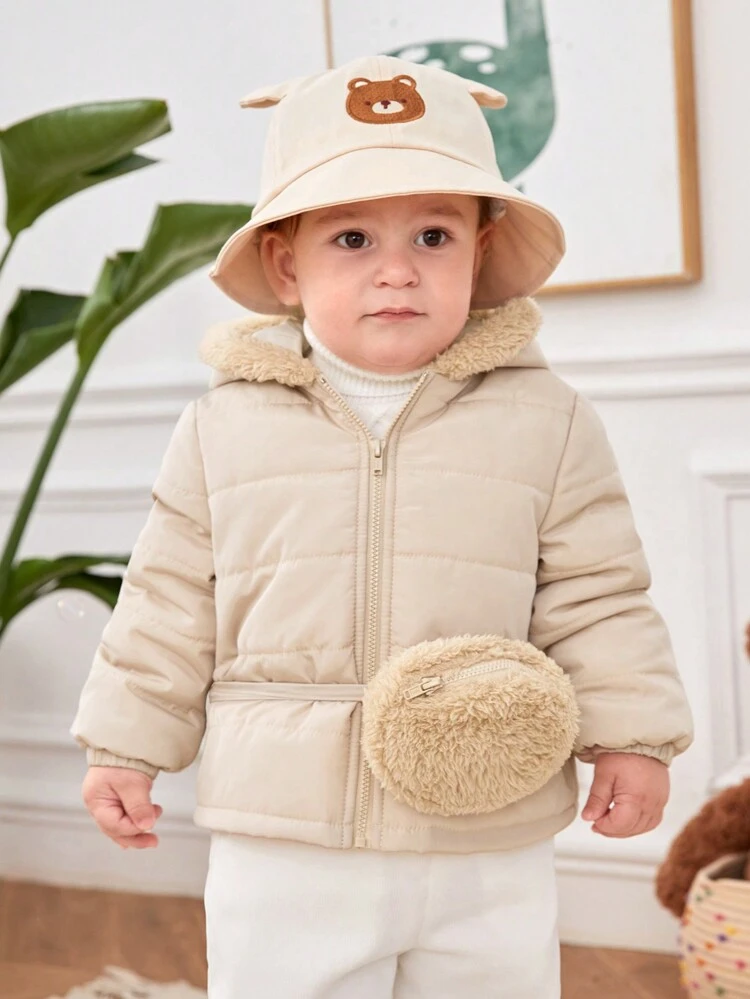 Baby Girl Teddy Lined Hooded Padded Coat & Bag