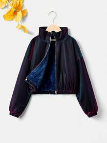 SHEIN Tween Girl Drop Shoulder Teddy Lined Zip Up Hooded Jacket - Navy Blue - View 1