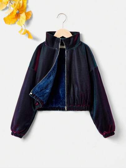 SHEIN Chica preadolescente Cazadora de hombros caídos con forro teddy con cremallera con capucha