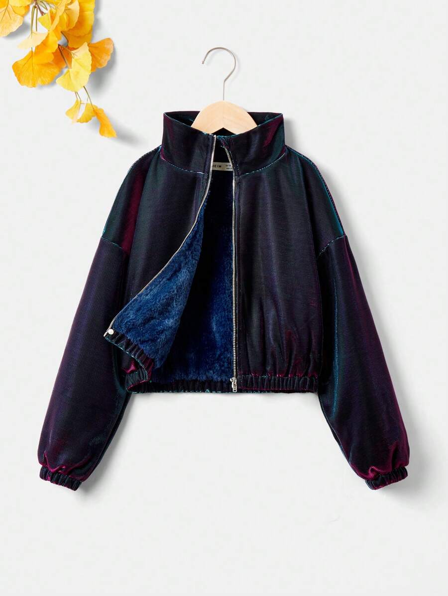 SHEIN Tween Girl Drop Shoulder Teddy Lined Zip Up Hooded Jacket - Navy Blue - View 1