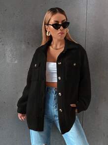 SHEIN Unity Flap Pocket Drop Shoulder Teddy Coat Fall Winter Cloth For Women - Black - View 6