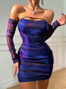 SHEIN Privé 一字肩前鏤空褶邊網紗緊身洋裝 - 紫色 - 查看 3