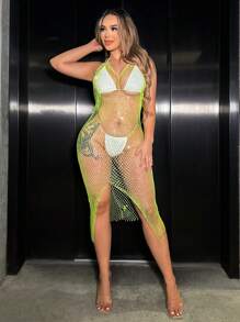 Allurite Rhinestone Studded Fishnet Split Thigh Halter Dress Without Lingerie Set - Green - View 3