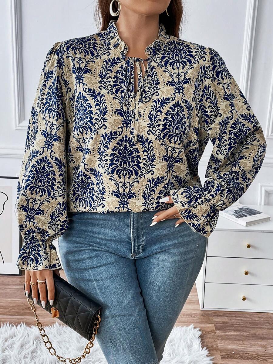 SHEIN Franclia Plus Allover Print Tie Neck Flare Sleeve Blouse - Blue - View 1