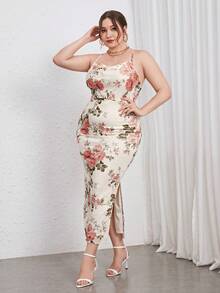 SHEIN Privé Plus Floral Print Crisscross Backless Cami Bodycon Dress - Beige - View 4