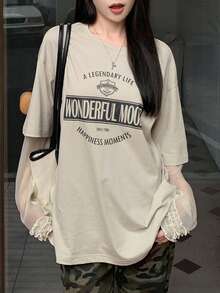 DAZY Letter Graphic Drop Shoulder Tee - Khaki - View 4