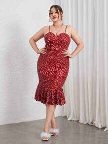 SHEIN Privé 大碼波點圖案魚尾裙下擺吊帶洋裝 - 紅色 - 查看 1