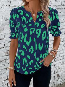 SHEIN LUNE 豹紋印花缺口領泡泡袖襯衫 - 彩色 - 查看 3