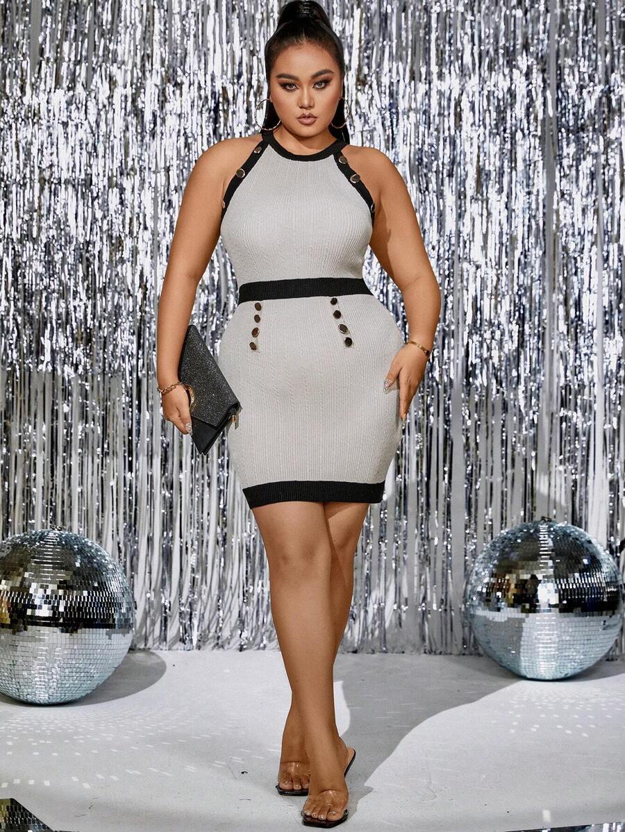 SHEIN Unity Plus Contrast Trim Button Detail Halter Neck Sweater Dress - Apricot - View 1