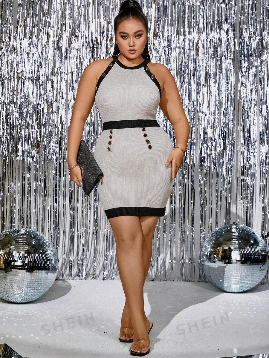 Celure Talla grande Vestido de punto ribete en contraste con diseño de botón de cuello halter