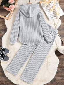 SHEIN Tween Girls Letter Patched Hooded Tee & Pants - Grey - View 2