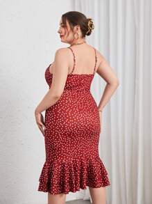 SHEIN Privé 大碼波點圖案魚尾裙下擺吊帶洋裝 - 紅色 - 查看 2