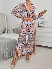 SHEIN Unity Scarf Print Shirt & Wide Leg Pants - Yellow - View 5