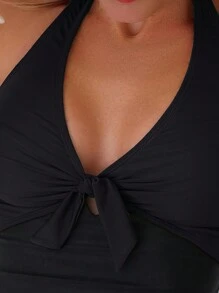 Swim Basics Summer Beach Knot Front Halter One Piece Swimsuit - Black - View 5