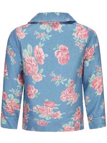 SHEIN Young Girl Floral Print Zip Up Jacket - Blue - View 2