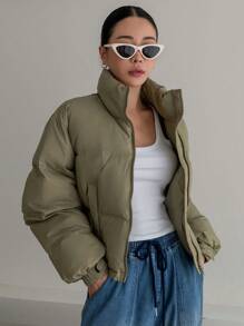 DAZY Letter Graphic Zip Up Padded Thick Pockets Coat, Women Winter Coat - Green - View 3