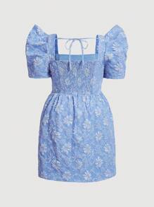 SHEIN MOD Taglie Forti Abiti floreale jacquard collo quadrato con manica a sbuffo con nodo dietro - Blu - Visualizzare 2