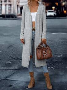 SHEIN LUNE Cárdigan de plumero con parte delantera abierta largo - Gris Claro - Ver 4