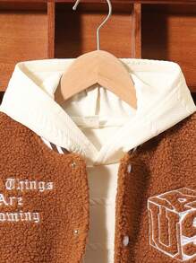 SHEIN Tween Boy Letter Embroidery Striped Trim Drop Shoulder Teddy Jacket Without Hoodie - Multicolor - View 4