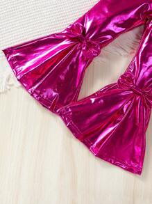 SHEIN 女小童前蝴蝶結喇叭褲 - 玫紅色 - 查看 5