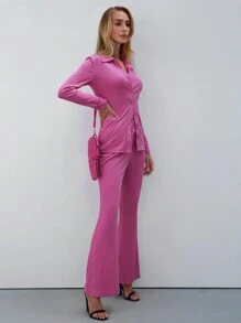 BizChic 素色前紐扣襯衫&喇叭褲 - 玫紅色 - 查看 1