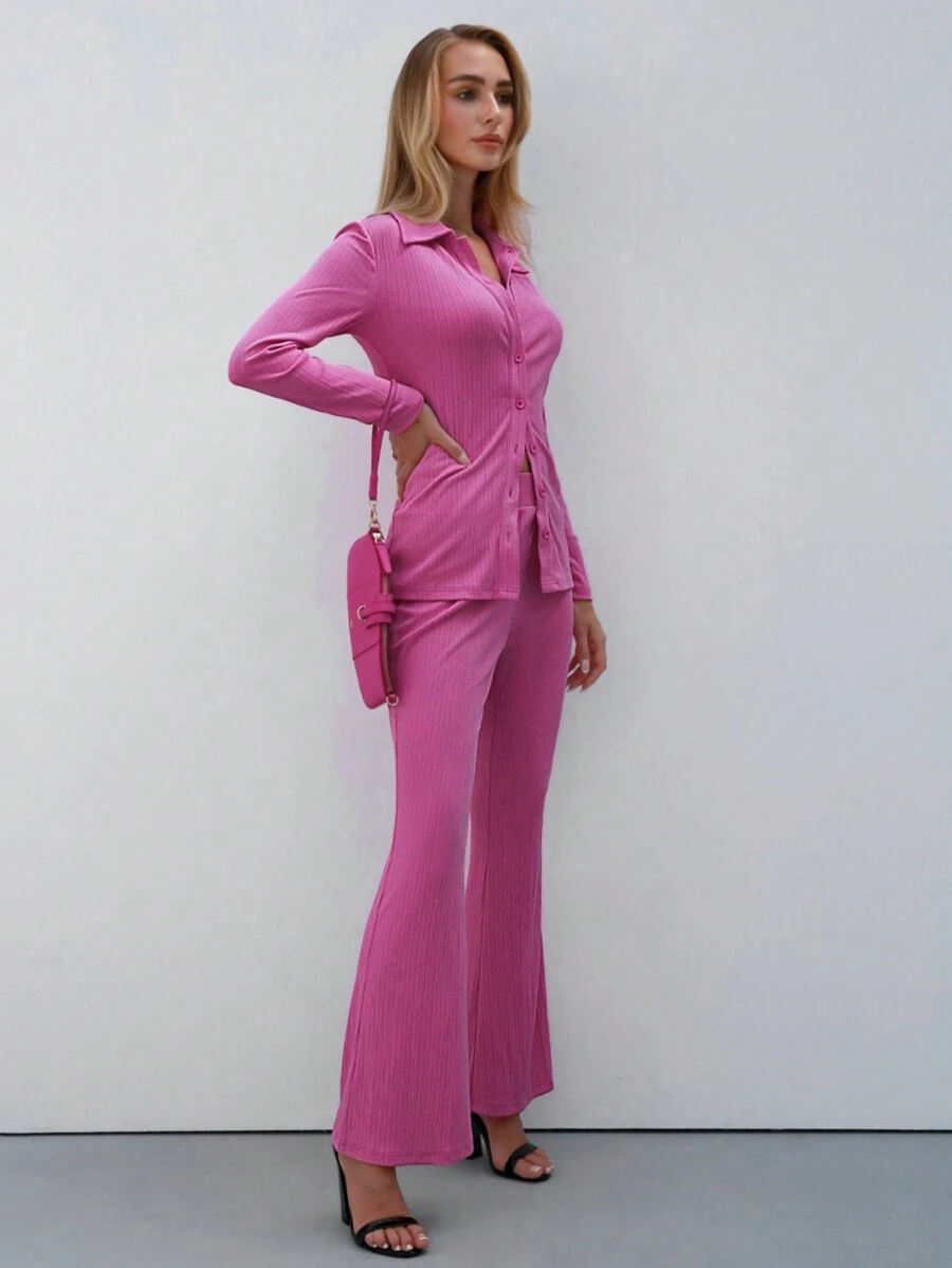 BizChic 素色前紐扣襯衫&喇叭褲 - 玫紅色 - 查看 1