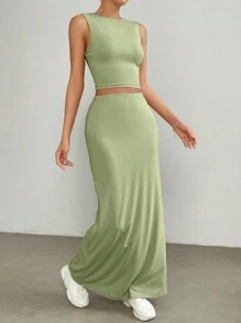 Muchica Solid Crop Tank Top & Skirt - Green - View 5