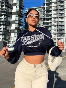 SHEIN SXY Áo hoodie dây rút có dây rút hình chữ cái - Màu xanh lam - Xem 3