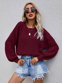 SHEIN LUNE Áo len chui đầu tay phồng, vai rớt, chất liệu dệt kim gân, màu trơn, thích hợp cho mùa thu đông. - Đỏ - Xem 3