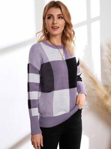 EMERY ROSE Cut And Sew Drop Shoulder Sweater,Long Sleeve Tops Knit Pullover Fall Winter Sweater - Mauve Purple - View 3
