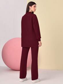 Mulvari Burgundy Red Mock Neck Drop Shoulder Patch Detail Top & Pants Set 2 Piece Set - Burgundy - View 2
