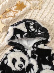 Baby Girl Panda Pattern Hooded Teddy Jacket - Khaki - View 3