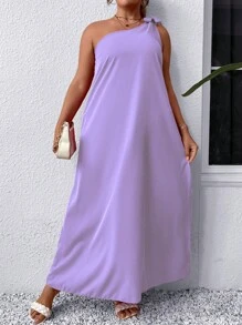 Breezaya 大碼單肩打結細節高衩洋裝 - 淡紫色 - 查看 6