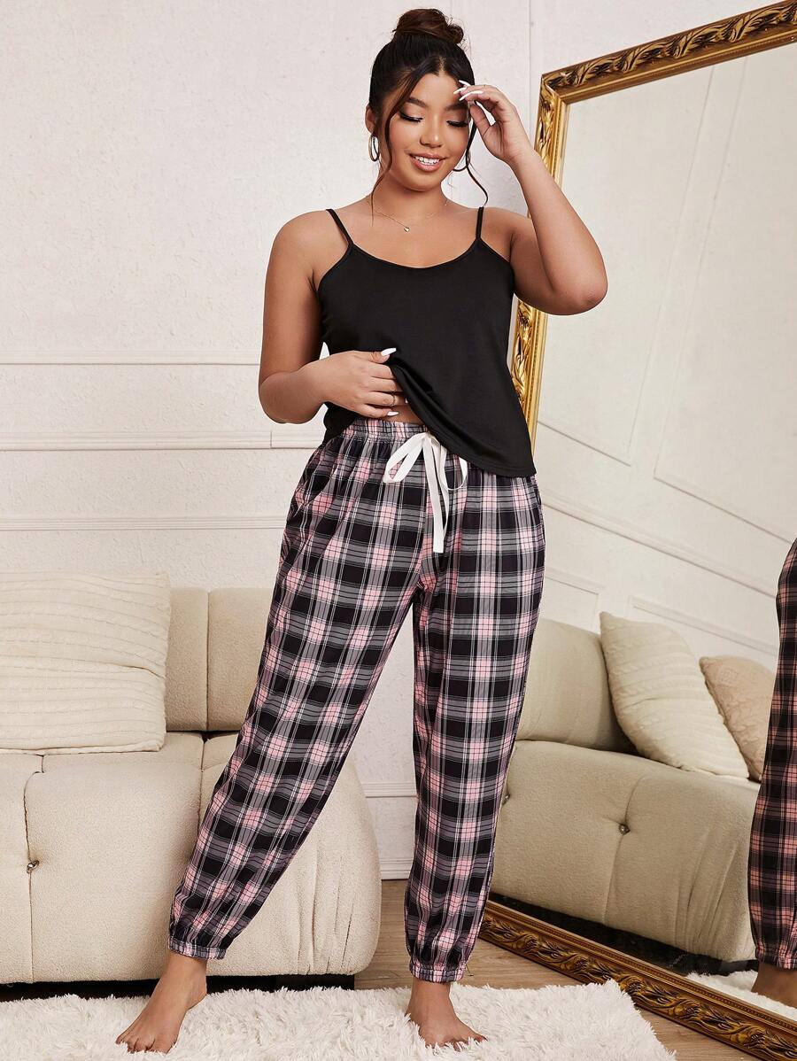Plus Plaid Print Tie Waist PJ Set / Pajama Set Lounge Wear Womenloungewear Women - Multicolor - View 1
