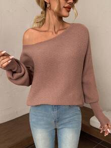 SHEIN LUNE 船領蝙蝠袖毛衣 - 卡其色 - 查看 5