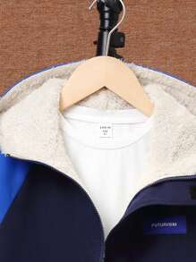 SHEIN 男大童字母貼布翻蓋口袋插肩袖連帽加絨內裏外套 - 寶藍色 - 查看 5