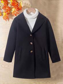 SHEIN Cô gái Tween 1 Miếng Cổ bẻ Nút phía trước Áo khoác - màu đen - Xem 1