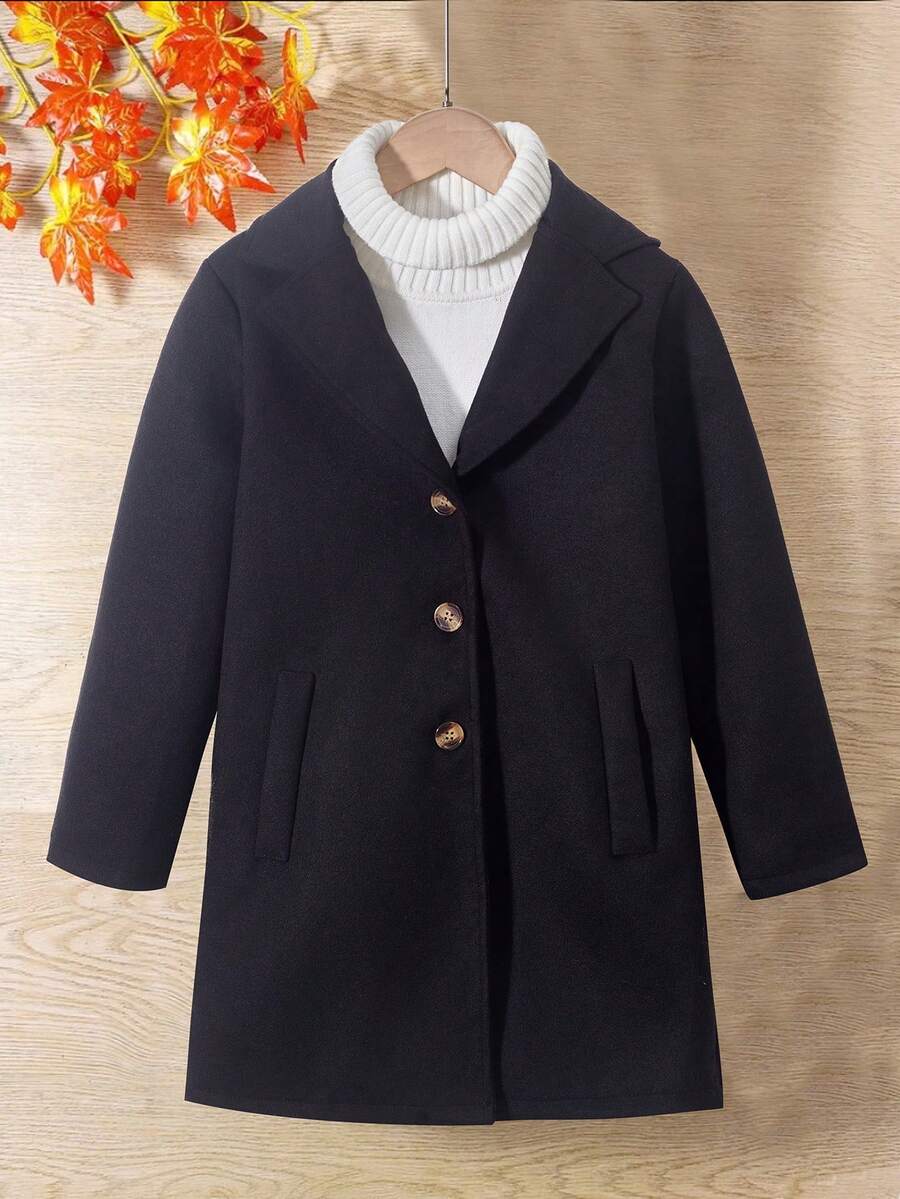 SHEIN Cô gái Tween 1 Miếng Cổ bẻ Nút phía trước Áo khoác - màu đen - Xem 1