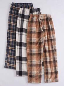 3 件格子印花系腰睡裤，秋冬装