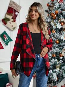 SHEIN Maternity Gingham Print Waterfall Collar Coat - Red - View 4