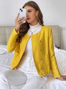 SHEIN Privé Đôi ngực Vá Túi Áo khoác - Màu vàng - Xem 3