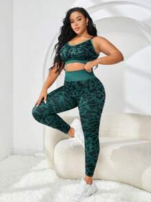 SHEIN Yoga Trendy Plus Leopard Print Wide Waistband Sports Set - Multicolor - View 3