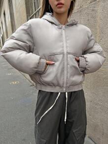 DAZY 拉链抽绳下摆连帽冬季厚口袋外套，冬季女装，棉服女式夹克 - 灰色 - 查看 7