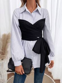 Chiquease Striped Print Knot Side 2 In 1 Shirt - Black and White - View 3