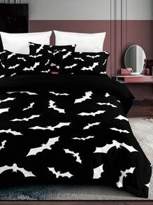 3pcs/set Halloween Themed Black Polyester Duvet Cover Set With White Bat Pattern - Black - View 2