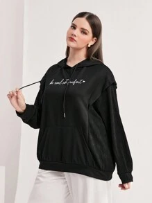 Mulvari 加大码字母图案袋鼠口袋抽绳卫衣 - 黑色 - 查看 5