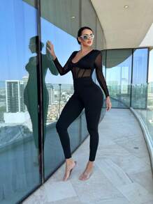 SHEIN VaVaLuxe Contrast Mesh Unitard Jumpsuit - Black - View 3